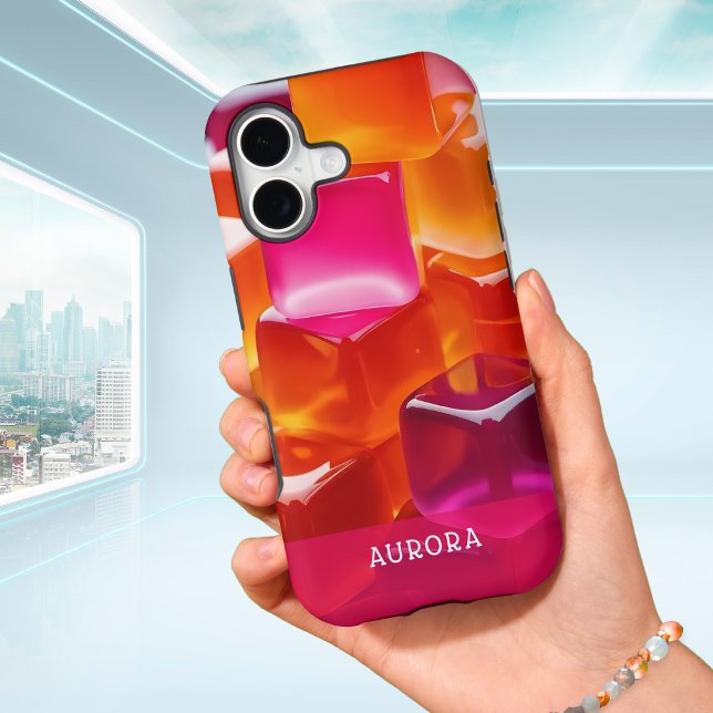Vibrant Bright Pink Orange Abstract Jelly Cubes (A phone case with pink and orange jelly cubes design and personalized name in modern typography)