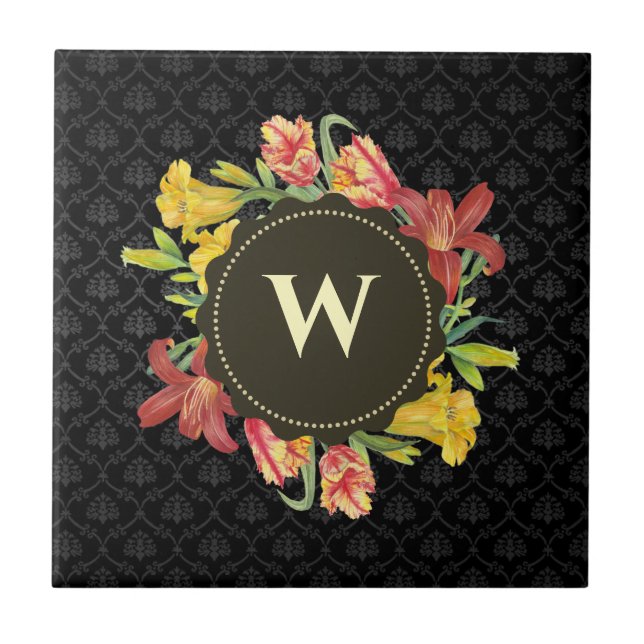 Vibrant Bright Spring Flowers Wreath Monogram Ceramic Tile (Front)