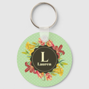 Vibrant Bright Spring Flowers Wreath Monogram Key Ring