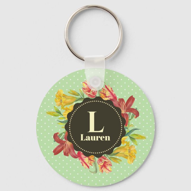 Vibrant Bright Spring Flowers Wreath Monogram Key Ring (Front)