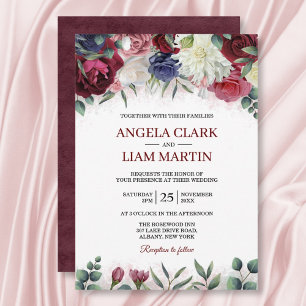 Vibrant burgundy Marsala Navy Pink Floral Wedding Invitation