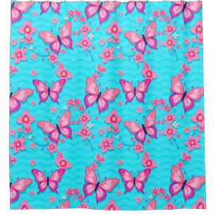 Vibrant Butterflies and Flowers Design Shower Curtain