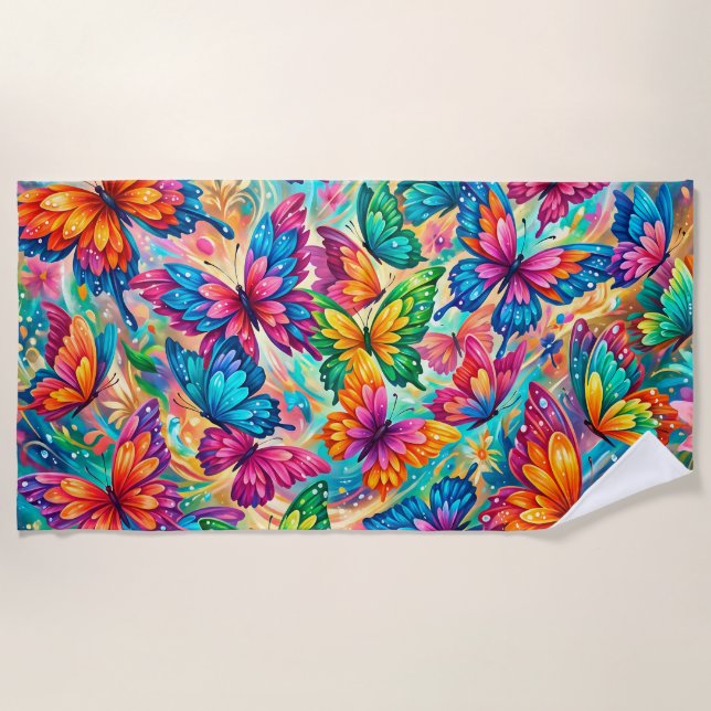 Vibrant Butterfly Dreamscape – Tropical Boho Beach Towel (Front)