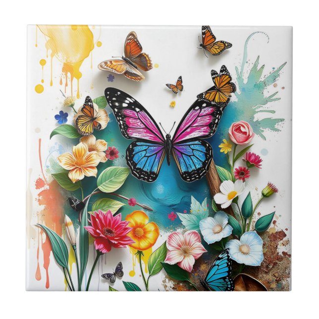 Vibrant Butterfly Garden | Inspired Spring Design Ceramic Tile (Front)