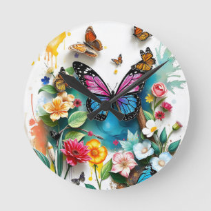 Vibrant Butterfly Garden Inspired Spring Design Round Clock
