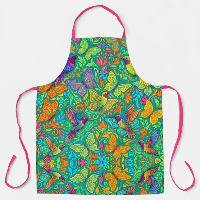 Vibrant Butterfly & Hummingbird Culinary Apron (Front)