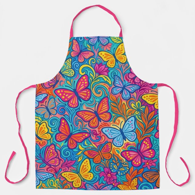 Vibrant Butterfly Print Culinary Apron (Front)