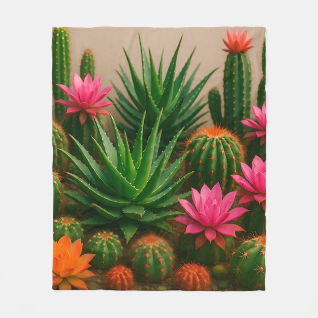 Vibrant Cactus Succulent Bloom Desert Fleece Blanket (Front)