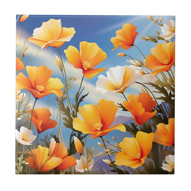 Vibrant California Poppies Meadow Ceramic Tile (Front)