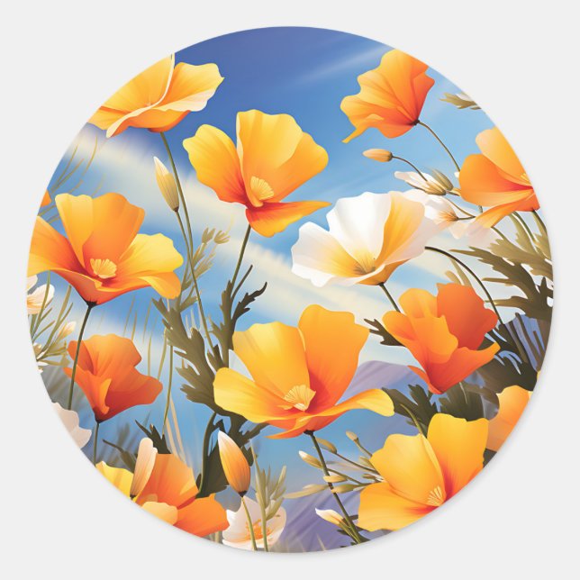 Vibrant California Poppies Meadow Classic Round Sticker (Front)