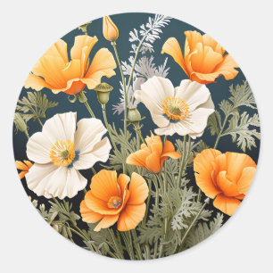 Vibrant California Poppy Botanical Classic Round Sticker