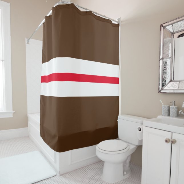 Vibrant Camp Brown Bright Red White Centre Stripes Shower Curtain (In Situ)