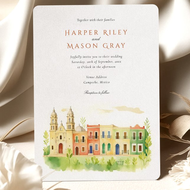 Vibrant Campeche Mexico Watercolor Wedding Invitation (Creator Uploaded)
