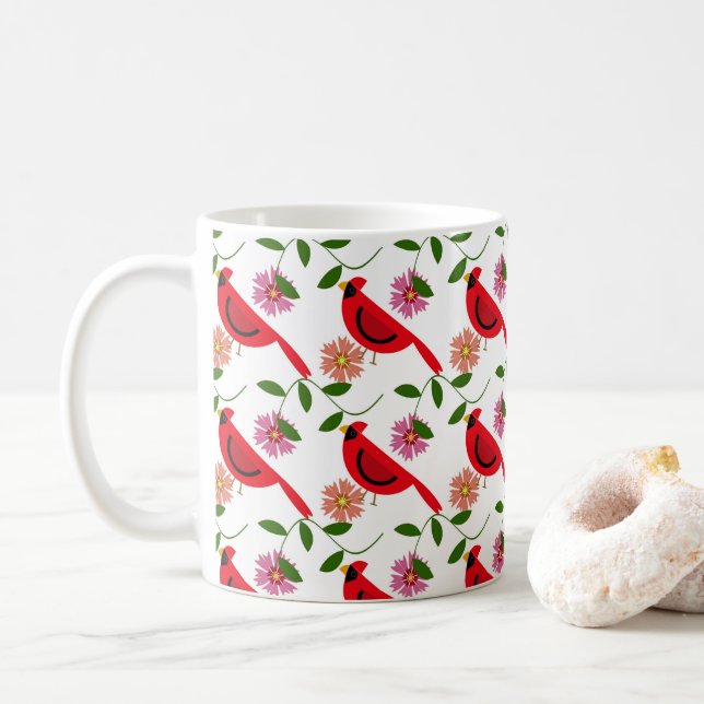 Vibrant cardinal and floral pattern coffee mug (With Donut)