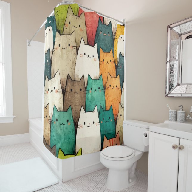 Vibrant Cartoon Cats in Vertical Art Shower Curtain (In Situ)