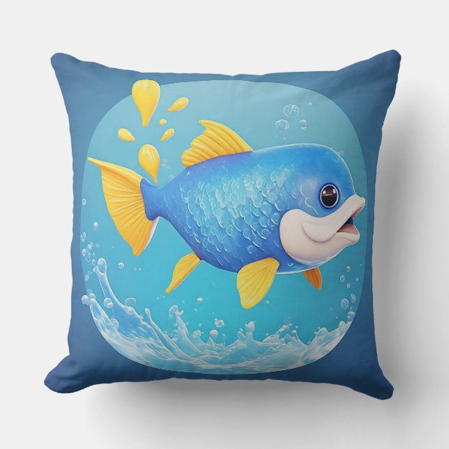 Vibrant Cartoon Fish with Splash Cushion (Front)