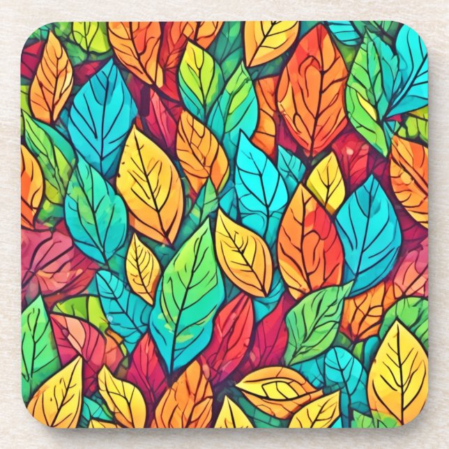 Vibrant Cartoon Leaves Art Coaster (Front)