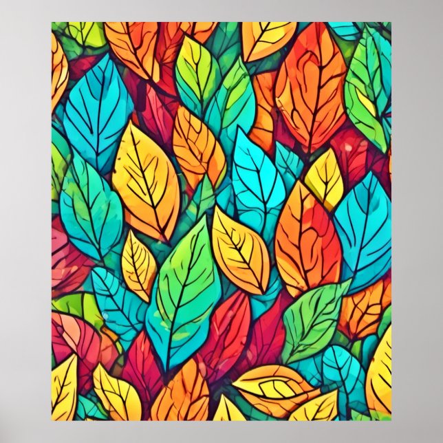 Vibrant Cartoon Leaves Art Poster (Front)
