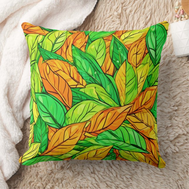 Vibrant Cartoon Leaves: Orange & Green Cushion (Blanket)