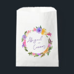 Vibrant Casual Magenta Violet Yellow Favour Bag<br><div class="desc">Elements: tropical floral wreaths surrounding your names an tetail. Names are in a whimsical script, while details are in a modern sans serif font. Colours: purple, pink, yellow, green, orchid, plum, magenta, fuschia, lemon, Themes: bright, tropical, beach, destination, romantic, bohemian, cheerful, modern, casual. Collection: Vibrant Casual Magenta Violet Yellow Wedding...</div>