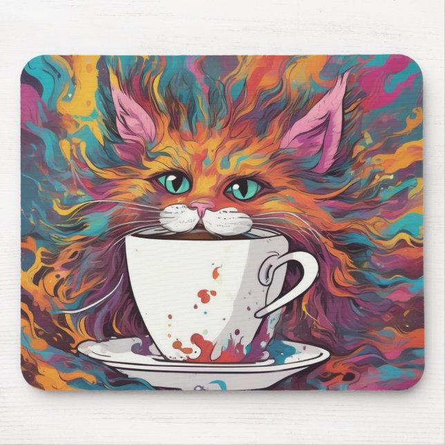 Vibrant Cat and Coffee Mouse Pad (Front)