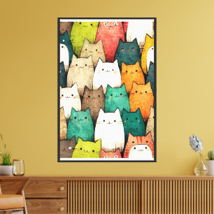 Vibrant Cat Art   Cute Cartoon Style Canvas Print