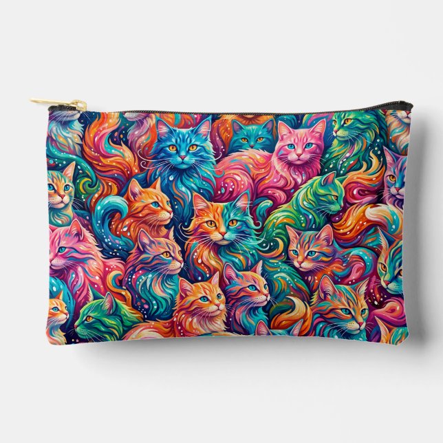 Vibrant Cat Dreamscape – Psychedelic Boho Accessory Pouch (Front)
