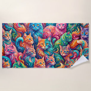 Vibrant Cat Dreamscape – Psychedelic Boho Beach Towel