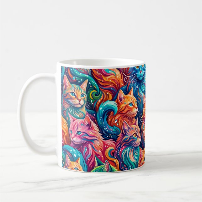 Vibrant Cat Dreamscape – Psychedelic Boho Coffee Mug (Left)