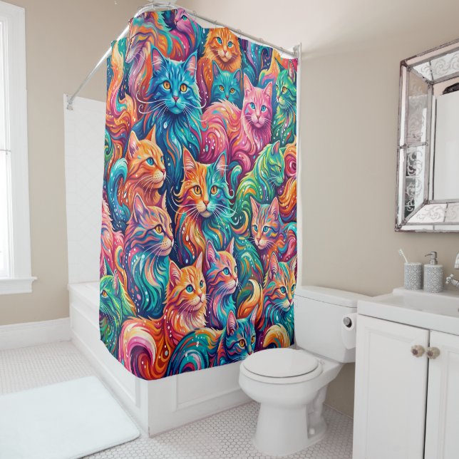 Vibrant Cat Dreamscape – Psychedelic Boho Shower Curtain (In Situ)