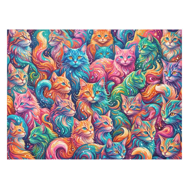 Vibrant Cat Dreamscape – Psychedelic Boho Tablecloth (Front (Horizontal))