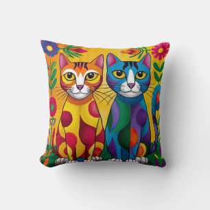 Vibrant Cat Duo - Artistic Floral Cushion