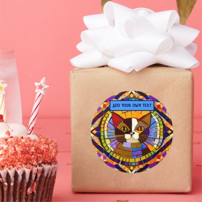 Vibrant Cat in mosaic tiles - colourful - add text Classic Round Sticker (Party)