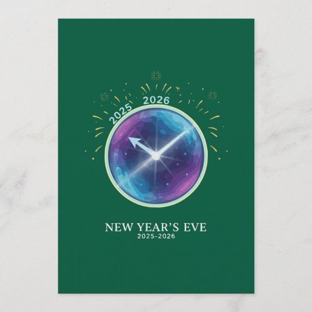 Vibrant Celestial Clock New Year's Eve 2026 Party Invitation (Front)