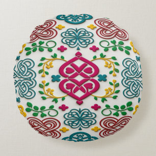 Vibrant Celtic Heart & Knot Floral Symphony Round Cushion