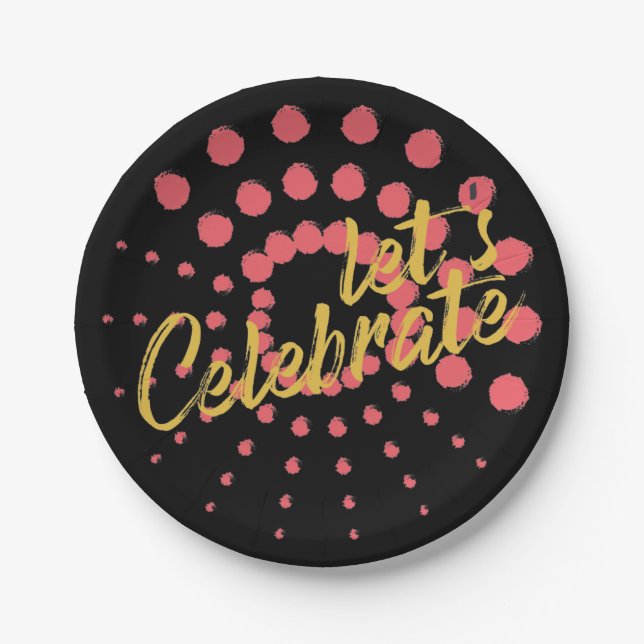 Vibrant, cheerful, fun design of "Let's Celebrate" Paper Plate (Front)