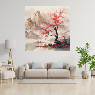 Vibrant Cherry Blossom Trees Mountain Asian Canvas Print