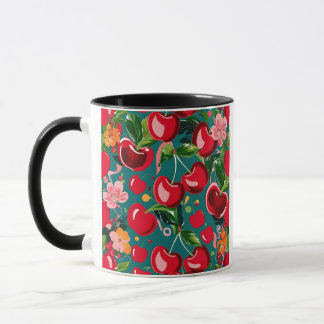 Vibrant Cherry & Floral Pattern on Teal Background Mug