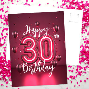 Vibrant Chic Neon Pink 30th Birthday with Balloons Postcard