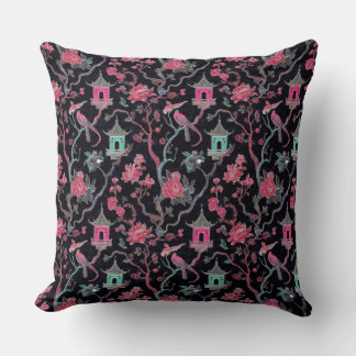 Vibrant Chinoiserie Pagoda and Birds Cushion