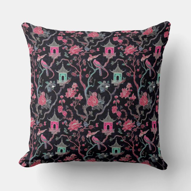 Vibrant Chinoiserie Pagoda and Birds Cushion (Front)