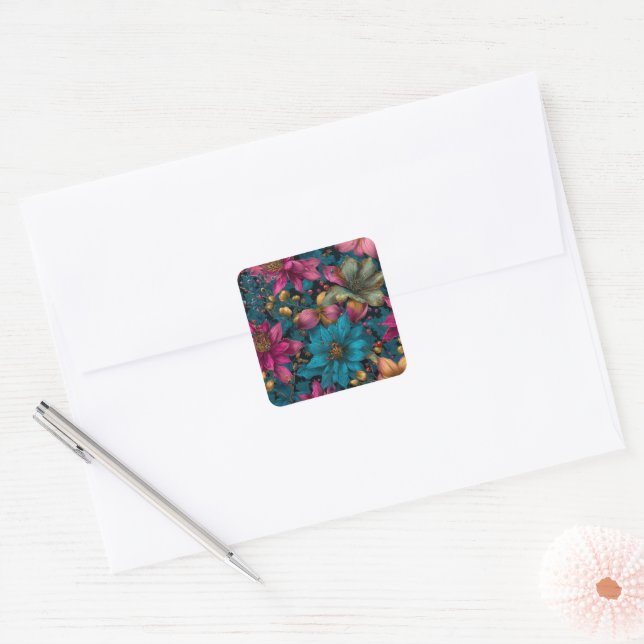Vibrant Christmas Botanical Fantasy Pattern Square Sticker (Envelope)