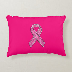 Vibrant Chrome Glitter Style Pink Ribbon Awareness Decorative Cushion