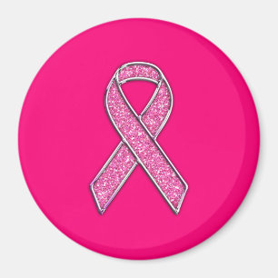 Vibrant Chrome Glitter Style Pink Ribbon Awareness Magnet