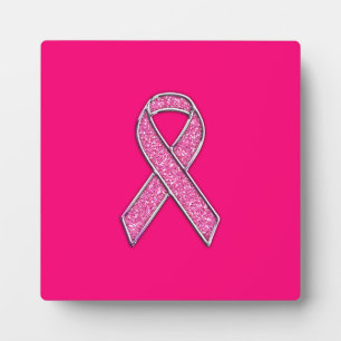 Vibrant Chrome Glitter Style Pink Ribbon Awareness Plaque
