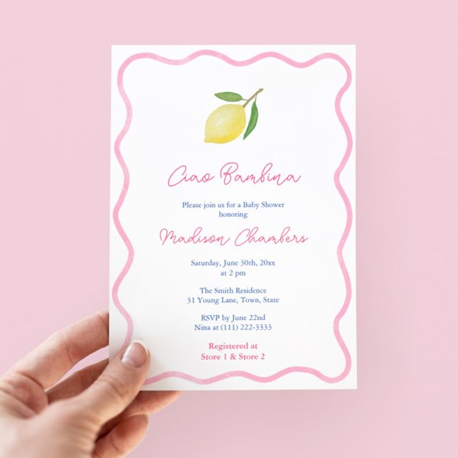 Vibrant Ciao Bambina Pink Citrus Girl Baby Shower Invitation (Ciao Bambina! Modern Wavy Border Citrus Lemon Baby Shower Invitation with pink accents. )
