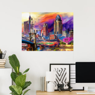 Vibrant Cincinnati Ohio Abstract Skyline Art  Poster