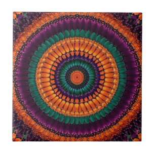 Vibrant Circular Orange, Teal, Purple, Green Ceramic Tile