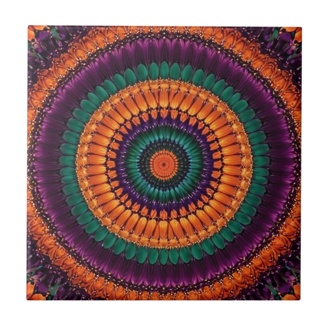 Vibrant Circular Orange, Teal, Purple, Green Ceramic Tile (Front)