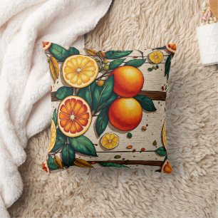 Vibrant citrus arrangement on wooden background cushion
